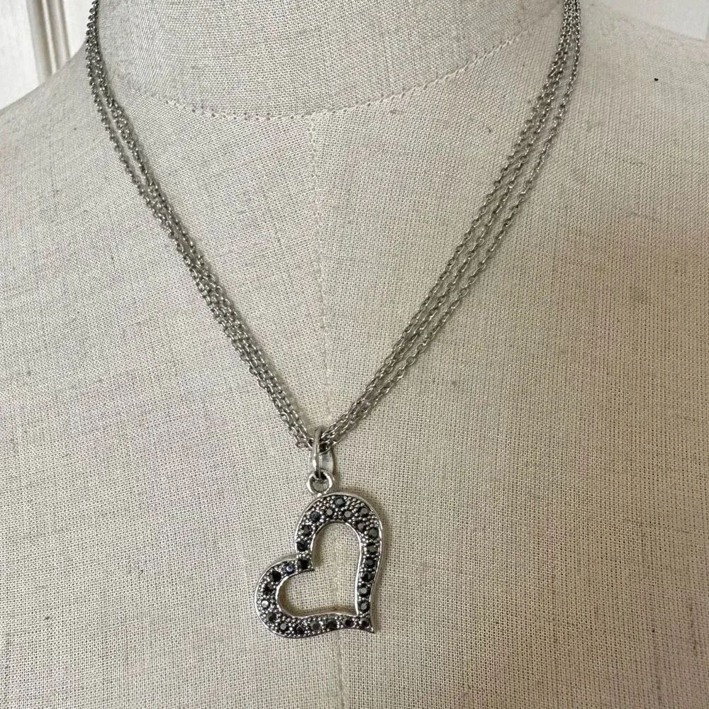 Cookie Lee Silver tone open heart marcasite multi strand pendant necklace